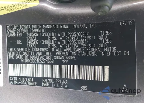 2012 Toyota Sienna Xle V6 8 Passenger из США, поврежденный, VIN 5TDYK3DC1CS271668